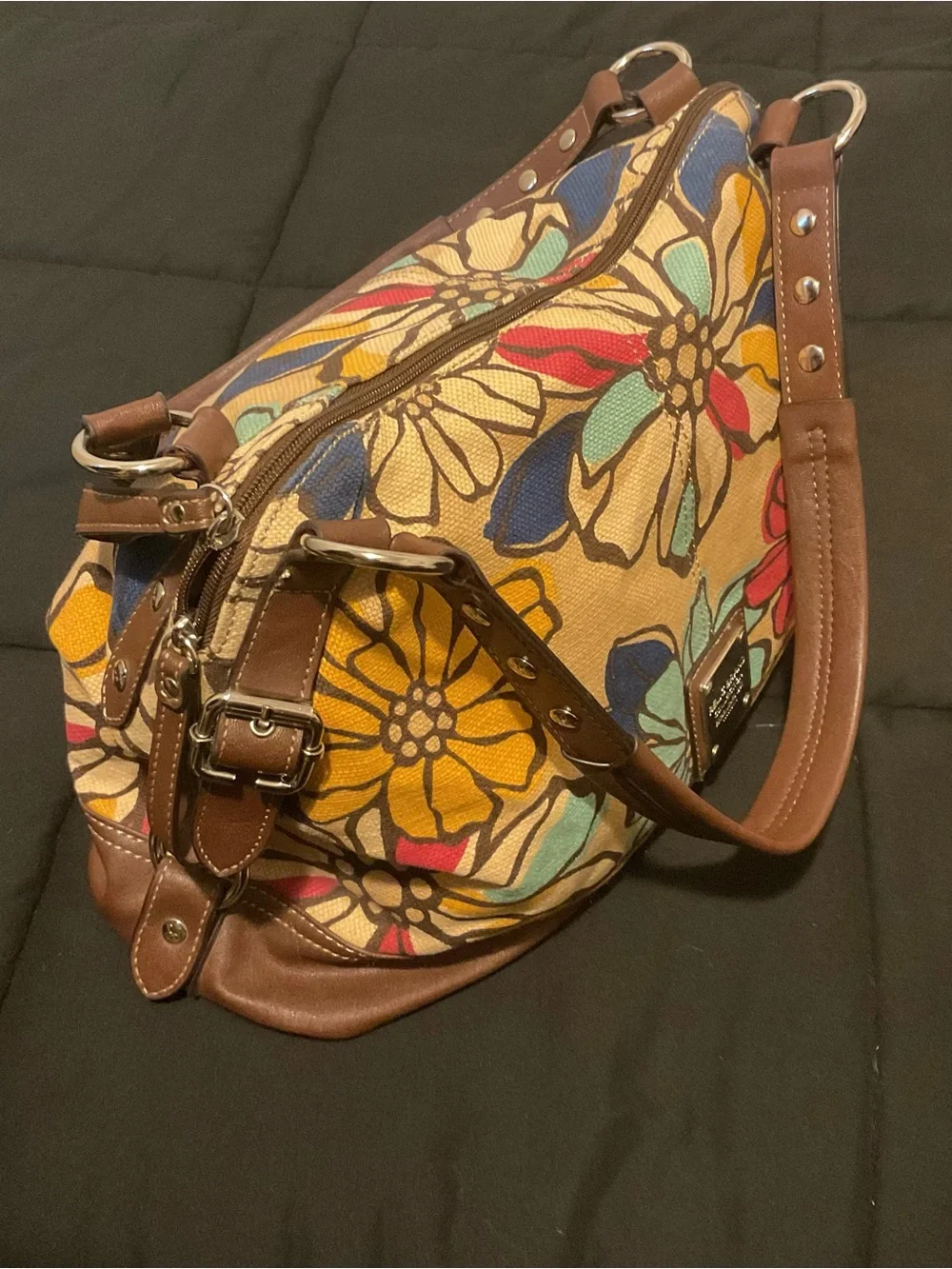 Relic Floral Canvas Shoulder Bag Brown Trim Large Hobo Purse Tote Handbag